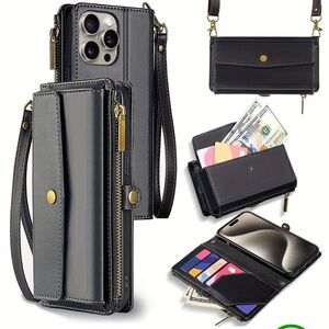 Wallet Style Phone Case, Faux Leather Crossbody Bag & Wrist Strap Shoulder Strap